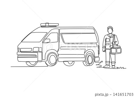 Continuous one line drawing dedicated young man paramedic holding medical bag next to emergency ambulance van, depicting healthcare rescue service. Single line draw design vector graphic illustration Continuous one line drawing dedicated young man paramedic holding medical bag next to emergency ambulance van, depicting healthcare rescue service. Single line draw design vector graphic illustration 141651703