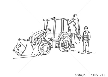 Single continuous line drawing young male construction worker in safety gear standing next to a heavy backhoe loader tractor on building site. Dynamic one line draw graphic design vector illustration 141651715