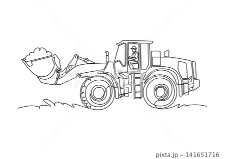 Single continuous line drawing young male driver operating a heavy wheel loader vehicle, carrying dirt inside its front bucket on a construction site. One line draw graphic design vector illustration 141651716