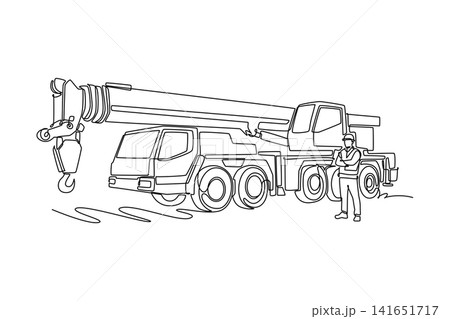 Single continuous line drawing male operator standing with arms folded beside a massive mobile crane truck on an industrial construction site. Dynamic one line draw graphic design vector illustration Single continuous line drawing male operator standing with arms folded beside a massive mobile crane truck on an industrial construction site. Dynamic one line draw graphic design vector illustration 141651717