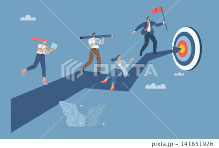 Business team working together to achieve goal, Leadership driving team success, Setting the highest goals for business development, Leader holding flag to the success of the organization. Business team working together to achieve goal, Leadership driving team success, Setting the highest goals for business development, Leader holding flag to the success of the organization. 141651926