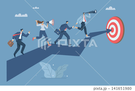 Business teams work together to achieve goals, Teamwork, Setting high goals and visions for business development, Leaders use binoculars to lead their teams to organizational success. Business teams work together to achieve goals, Teamwork, Setting high goals and visions for business development, Leaders use binoculars to lead their teams to organizational success. 141651980