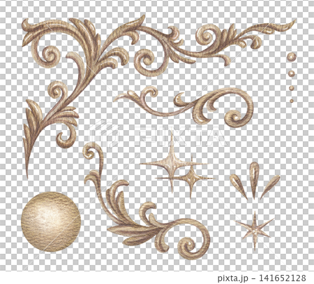 Vintage floral and celestial ornament set. Hand drawn watercolor gold victorian ornate filigree in elegant rococo style. Classic design for invitation. Luxury decorative element for abstract logo. Vintage floral and celestial ornament set. Hand drawn watercolor gold victorian ornate filigree in elegant rococo style. Classic design for invitation. Luxury decorative element for abstract logo. 141652128