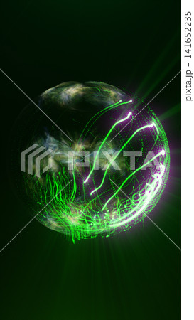 Floating green plasma orb with glowing particle trails, translucent energy surface, and dark futuristic atmosphere. Floating green plasma orb with glowing particle trails, translucent energy surface, and dark futuristic atmosphere. 141652235