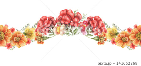 Summer flowers wavy seamless border watercolor illustration. Hand drawn orange tagetes patula with red snapdragon and leaves. Floral design for greeting card. Botanical repeat blossom template. Summer flowers wavy seamless border watercolor illustration. Hand drawn orange tagetes patula with red snapdragon and leaves. Floral design for greeting card. Botanical repeat blossom template. 141652269