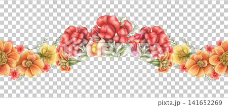 Summer flowers wavy seamless border watercolor illustration. Hand drawn orange tagetes patula with red snapdragon and leaves. Floral design for greeting card. Botanical repeat blossom template. Summer flowers wavy seamless border watercolor illustration. Hand drawn orange tagetes patula with red snapdragon and leaves. Floral design for greeting card. Botanical repeat blossom template. 141652269