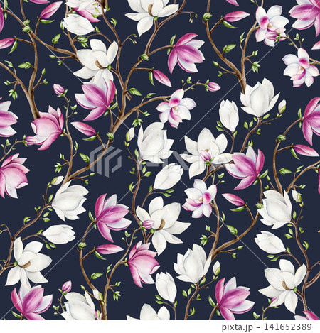 Magnolia branch with white and pink flowers seamless pattern. Watercolor hand drawn spring lush blossom on a tree illustration isolated on background, transparent png. Botanical and wedding clip art. Magnolia branch with white and pink flowers seamless pattern. Watercolor hand drawn spring lush blossom on a tree illustration isolated on background, transparent png. Botanical and wedding clip art. 141652389