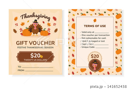 Thanksgiving Gift Voucher Template with Turkey, Pumpkins and Autumn Leaves for Seasonal Promotion 141652438