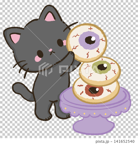 Cute Kawaii Chibi Black Cat Holding Stacked Eyeball Cookies Spooky Halloween Bakery Dessert Pastel Clipart Illustration Cute Kawaii Chibi Black Cat Holding Stacked Eyeball Cookies Spooky Halloween Bakery Dessert Pastel Clipart Illustration 141652540