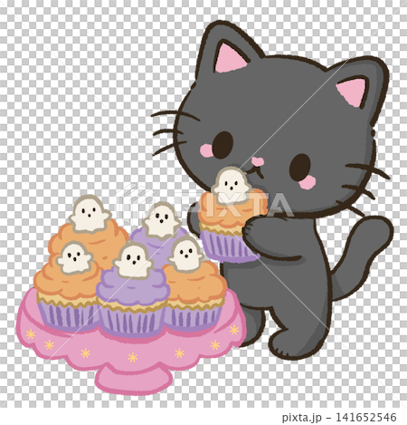 Cute Kawaii Chibi Black Cat Holding a Ghost Cupcake with Spooky Halloween Buttercream Pastel Clipart Illustration Cute Kawaii Chibi Black Cat Holding a Ghost Cupcake with Spooky Halloween Buttercream Pastel Clipart Illustration 141652546