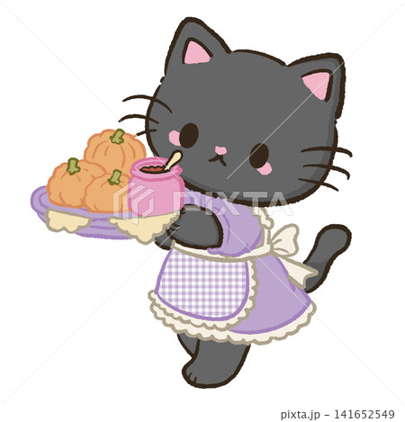 Cute Kawaii Chibi Black Cat Serving Mini Pumpkins with Pumpkin Jam on a Tea Party Tray Halloween Pastel Clipart Illustration 141652549