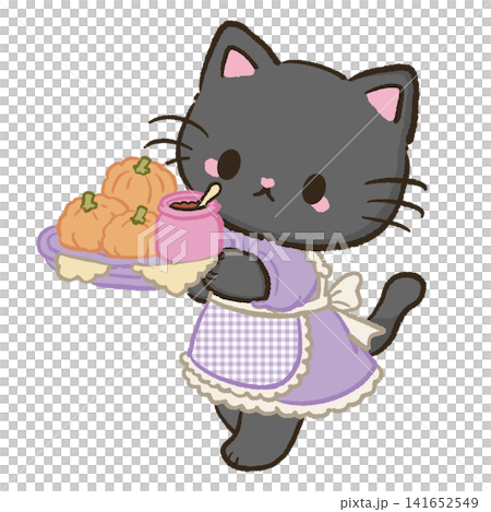 Cute Kawaii Chibi Black Cat Serving Mini Pumpkins with Pumpkin Jam on a Tea Party Tray Halloween Pastel Clipart Illustration 141652549