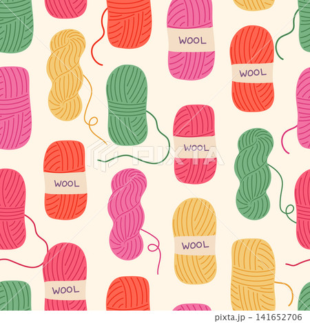 Colorful wool yarn vector seamless pattern illustration. Cozy green, pink and yellow skeins, hanks and balls of yarn on light background. Knitting, crochet, supplies repeat design tile in flat style 141652706