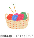 Yarn basket vector illustration. Crocheted woven basket with colorful balls of wool yarn and wooden knitting needles isolated on white background in flat design style. Supplies for cozy craft hobby 141652707