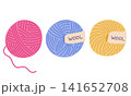 Wool yarn balls vector illustration set. Pink, blue and yellow balls of yarn with labels for knitting and crocheting isolated on white background. Colorful hobby supplies 141652708