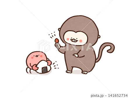 柿の種とおにぎりを交換しようとカニに交渉する猿(さるかに合戦) 柿の種とおにぎりを交換しようとカニに交渉する猿(さるかに合戦) 141652734