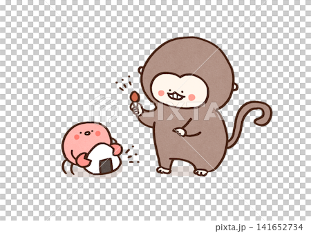 柿の種とおにぎりを交換しようとカニに交渉する猿(さるかに合戦) 柿の種とおにぎりを交換しようとカニに交渉する猿(さるかに合戦) 141652734
