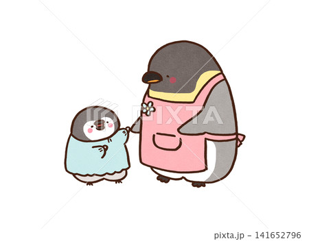 スモックを着た子供のお守りをするエプロン姿のペンギン(保育園) スモックを着た子供のお守りをするエプロン姿のペンギン(保育園) 141652796