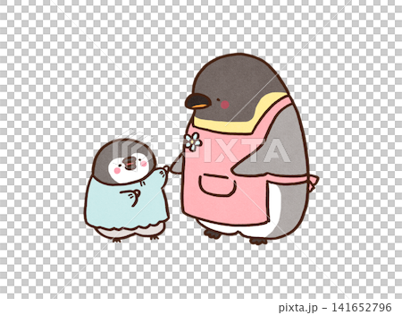 スモックを着た子供のお守りをするエプロン姿のペンギン(保育園) スモックを着た子供のお守りをするエプロン姿のペンギン(保育園) 141652796