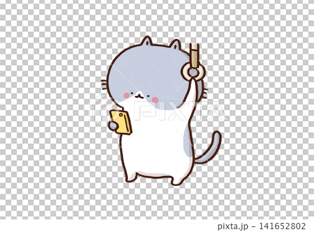 A cat holding onto a train strap while looking at its smartphone (commuting to work or school) A cat holding onto a train strap while looking at its smartphone (commuting to work or school) 141652802