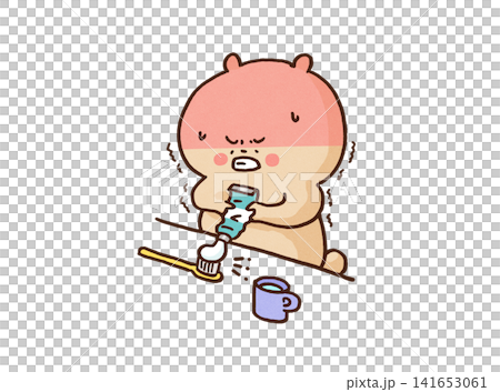A bear with a bright red face desperately squeezes out the last bit of toothpaste (frugal/wasteful). A bear with a bright red face desperately squeezes out the last bit of toothpaste (frugal/wasteful). 141653061