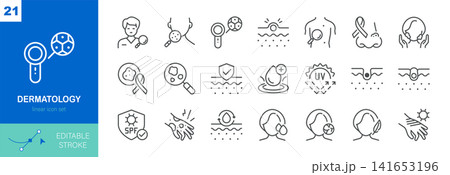 Set of 21 dermatology and skincare outline icons. Includes dermatologist, dermatoscope, acne, melanoma, skin cancer screening, eczema, SPF and UV protection. Editable stroke vector illustration. Set of 21 dermatology and skincare outline icons. Includes dermatologist, dermatoscope, acne, melanoma, skin cancer screening, eczema, SPF and UV protection. Editable stroke vector illustration. 141653196