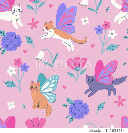 Seamless pattern with cute cats with butterfly wings and flowers. Vector graphics. 141653214