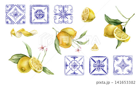 Watercolor lemons clipart with traditional blue and white Azulejo-style mosaic tiles. Elements for invitation templates, branding, or kitchen decor. Hand drawn Mediterranean-style illustration. 141653382