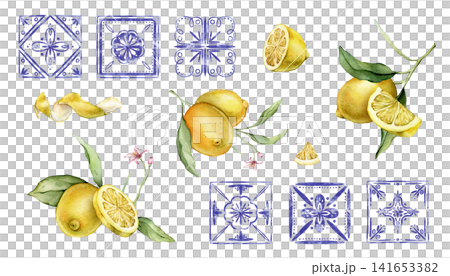 Watercolor lemons clipart with traditional blue and white Azulejo-style mosaic tiles. Elements for invitation templates, branding, or kitchen decor. Hand drawn Mediterranean-style illustration. 141653382