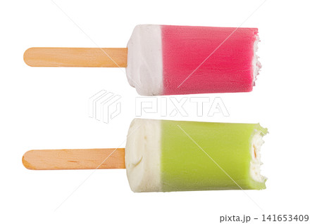 Ice cream on a stick with a bite mark isolated on a white background. Ice cream or fruit ice isolated on a white background. Ice cream on a stick with a bite mark isolated on a white background. Ice cream or fruit ice isolated on a white background. 141653409