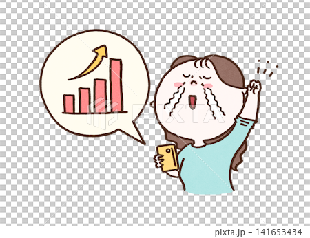 A woman cries tears of joy as she looks at an upward-sloping graph on her smartphone (investment/NISA). 141653434