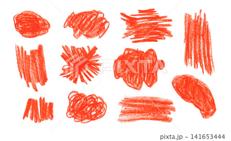 Abstract hand drawing bright orange red and crayon oil pastel textured squiggle blobs and shapes set. Abstract creative pencil hand drawn forms for banner design, texture frame background, sticker 141653444