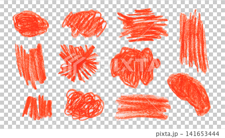 Abstract hand drawing bright orange red and crayon oil pastel textured squiggle blobs and shapes set. Abstract creative pencil hand drawn forms for banner design, texture frame background, sticker 141653444