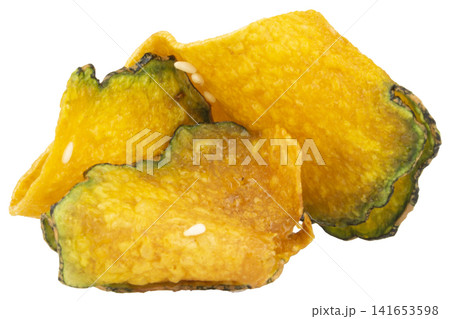 Crispy fried pumpkin thai piece isolated on white background Crispy fried pumpkin thai piece isolated on white background 141653598