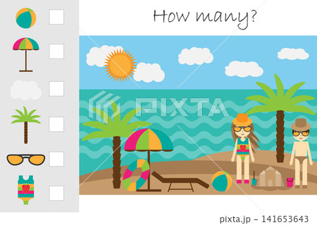 How many counting game, summer beach for kids, educational maths task for the development of logical thinking, preschool worksheet activity, count and write the result, vector illustration How many counting game, summer beach for kids, educational maths task for the development of logical thinking, preschool worksheet activity, count and write the result, vector illustration 141653643
