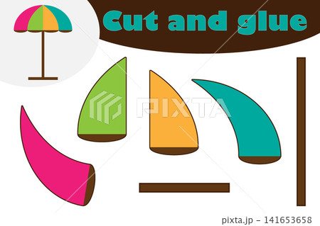 Beach umbrella in cartoon style, education game for the development of preschool children, use scissors and glue to create the applique, cut parts of the image and glue on paper, vector illustration Beach umbrella in cartoon style, education game for the development of preschool children, use scissors and glue to create the applique, cut parts of the image and glue on paper, vector illustration 141653658