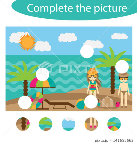 Complete the puzzle and find the missing parts of the picture, summer beach fun education game for children, preschool worksheet activity for kids, task for the development of logical thinking, vector Complete the puzzle and find the missing parts of the picture, summer beach fun education game for children, preschool worksheet activity for kids, task for the development of logical thinking, vector 141653662