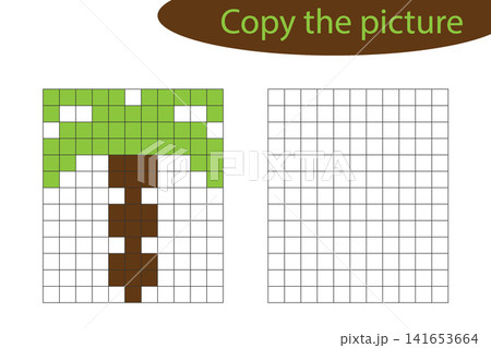 Copy the picture, pixel art, palm tree cartoon, drawing skills training, educational paper game for the development of children, kids preschool activity, printable worksheet, vector illustration Copy the picture, pixel art, palm tree cartoon, drawing skills training, educational paper game for the development of children, kids preschool activity, printable worksheet, vector illustration 141653664