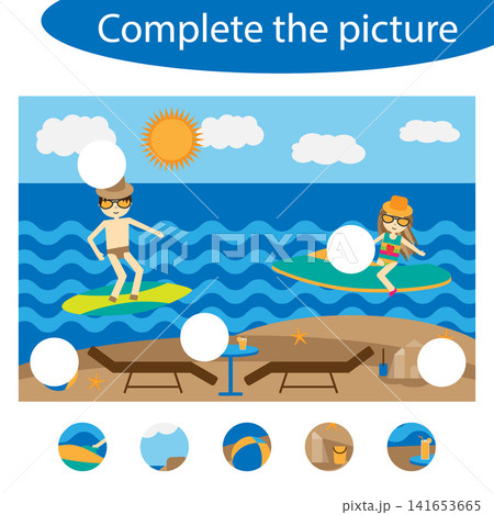Complete the puzzle and find the missing parts of the picture, summer beach fun education game for children, preschool worksheet activity for kids, task for the development of logical thinking, vector 141653665