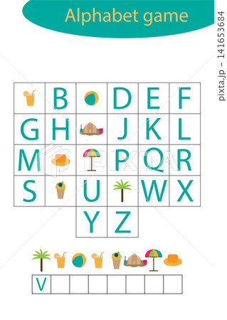 Summer alphabet game for children, make a word, preschool worksheet activity for kids, educational spelling scramble game for the development of children, vector illustration Summer alphabet game for children, make a word, preschool worksheet activity for kids, educational spelling scramble game for the development of children, vector illustration 141653684