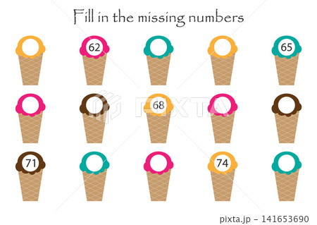 Game with ice creams for children, fill in the missing numbers, middle level, education game for kids, school worksheet activity, task for the development of logical thinking, vector illustration Game with ice creams for children, fill in the missing numbers, middle level, education game for kids, school worksheet activity, task for the development of logical thinking, vector illustration 141653690