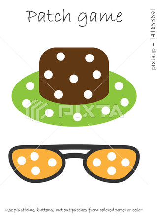 Education Patch game panama and sunglasses for children to develop motor skills, use plasticine patches, buttons, colored paper or color the page, kids preschool activity, printable worksheet, vector Education Patch game panama and sunglasses for children to develop motor skills, use plasticine patches, buttons, colored paper or color the page, kids preschool activity, printable worksheet, vector 141653691