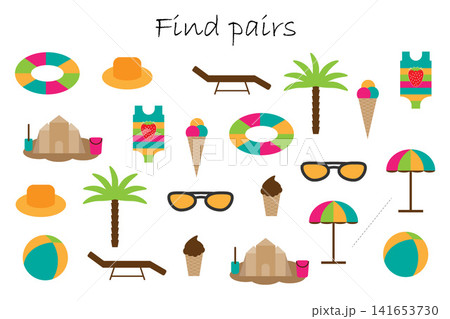 Find pairs of identical pictures, fun education game with summer beach theme for children, preschool worksheet activity for kids, task for the development of logical thinking, vector illustration Find pairs of identical pictures, fun education game with summer beach theme for children, preschool worksheet activity for kids, task for the development of logical thinking, vector illustration 141653730