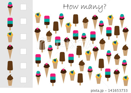 How many counting game with ice cream for kids, educational maths task for the development of logical thinking, preschool worksheet activity, count and write the result, vector illustration How many counting game with ice cream for kids, educational maths task for the development of logical thinking, preschool worksheet activity, count and write the result, vector illustration 141653733