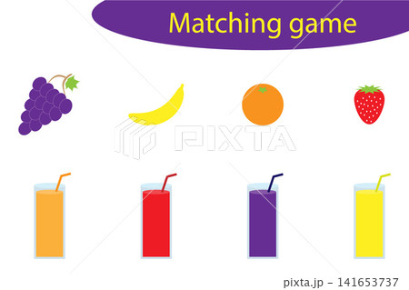 Matching game for children, connect fruit with glass of juice from it, preschool worksheet activity for kids, task for the development of logical thinking, vector illustration 141653737