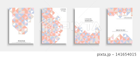 Collection of pastel posters with abstract mosaic geometric print. Minimalistic scandinavian vector brochures, banners and business corporate covers set with delicate triangle pattern shapes Collection of pastel posters with abstract mosaic geometric print. Minimalistic scandinavian vector brochures, banners and business corporate covers set with delicate triangle pattern shapes 141654015