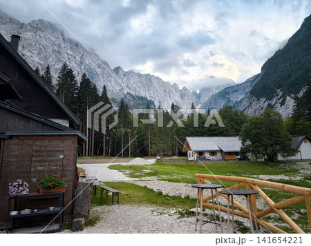View from Tamar House in Slovenia, alpine mountain lodge with wooden terrace, green meadow, pine forest and dramatic Julian Alps peaks under cloudy sky 141654221