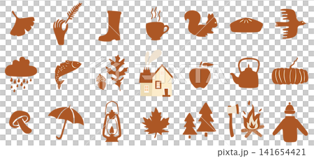 Collection of minimalist autumn icons featuring cozy seasonal and nature elements including leaves, acorn, mushrooms, pumpkin, cup, teapot, cabin, rain boots, squirrel, bird, rain, umbrella, sweater, Collection of minimalist autumn icons featuring cozy seasonal and nature elements including leaves, acorn, mushrooms, pumpkin, cup, teapot, cabin, rain boots, squirrel, bird, rain, umbrella, sweater, 141654421