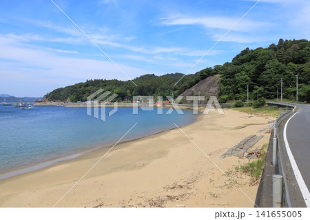青い海と白い砂浜が美しい鳴き砂の夏浜(宮城県女川町) 青い海と白い砂浜が美しい鳴き砂の夏浜(宮城県女川町) 141655005
