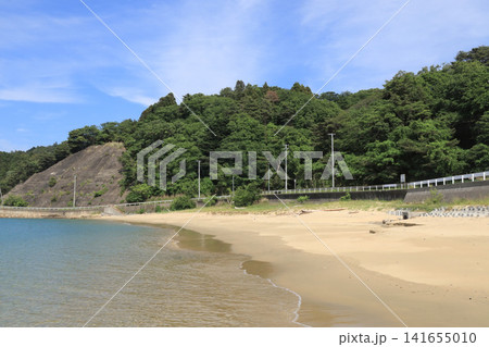 青い海と白い砂浜が美しい鳴き砂の夏浜(宮城県女川町) 青い海と白い砂浜が美しい鳴き砂の夏浜(宮城県女川町) 141655010